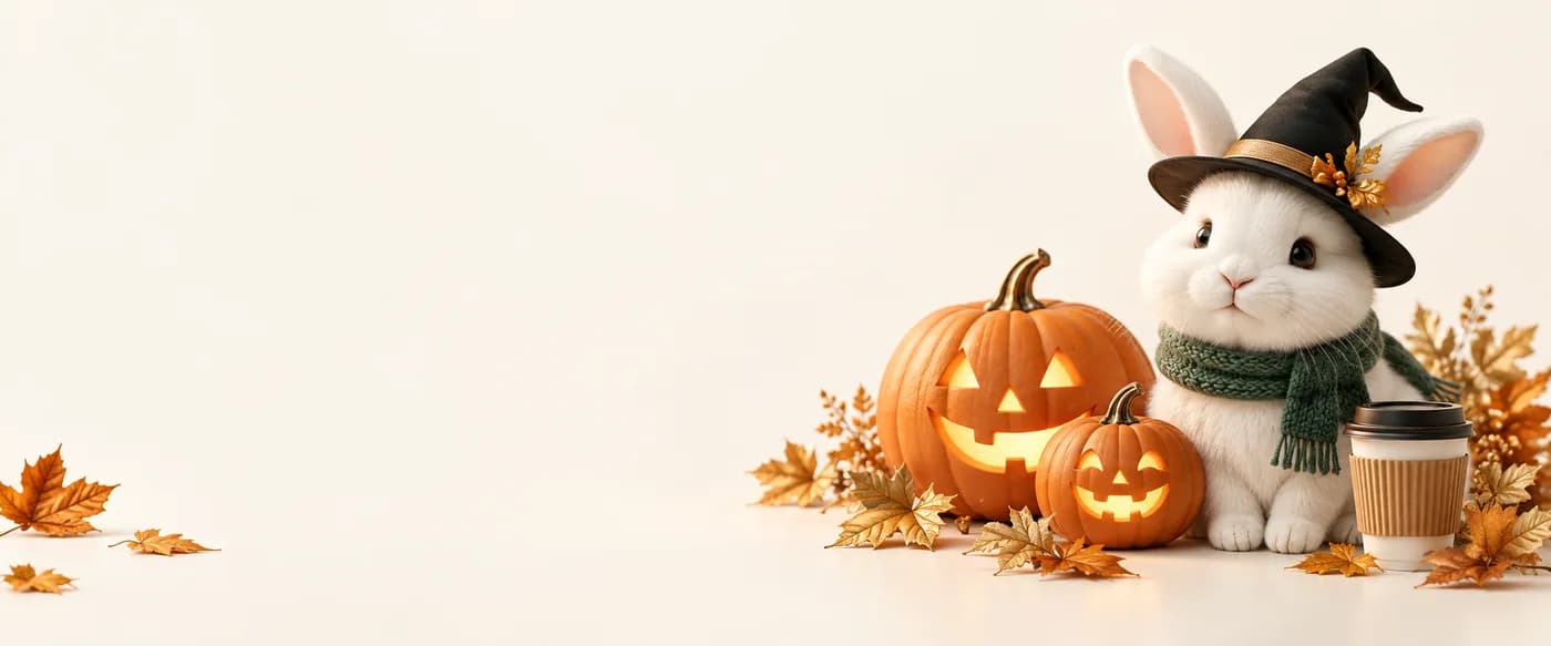 Spin Bunny in a witch hat with pumpkins and coffee